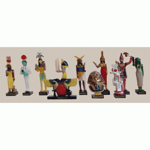 Ancient Egypt Egyptian God set of 11 magazines with figurines resin statue size 5" high (Isis-Sothis, Khonsou, Hapy, Chai, Khnoum, Isis, Rechef, Heket, Uraeus, Tutenchamon, Herichef)