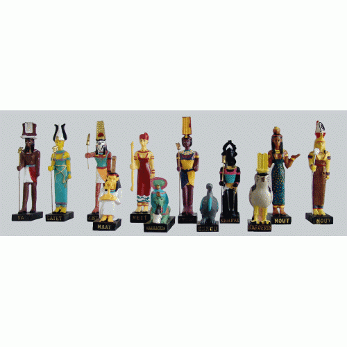 Ancient Egypt Egyptian God set of 12 magazines with figurines resin statue size 5" high (Ka, Satet, Monthou, Maat, Neit, Harmachis, Onouris, Benou, Khepri, Haroeris, Nout, Mout) 