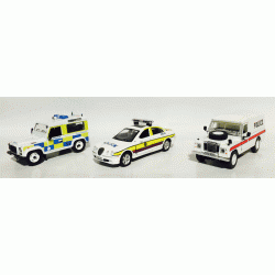 UK Police set of 3 magazines with metal models in scale 1:43 (Land Rover Series III 109 Police, Jaguar S-Type North Yorkshire Police, Land Rover Defender Norfolk Police) 