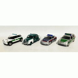 Germany Police set of 4 magazines with metal models in scale 1:43 (BMW Mini Cooper Polizei München, Mercedes Benz 180D, Porsche 911 Bundespolizei Austria, Mercedes-Benz E-Klasse Polizei Berlin) 