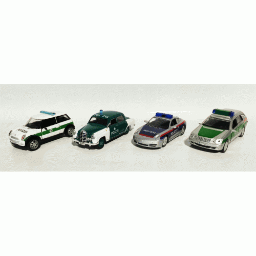 Germany Police set of 4 magazines with metal models in scale 1:43 (BMW Mini Cooper Polizei München, Mercedes Benz 180D, Porsche 911 Bundespolizei Austria, Mercedes-Benz E-Klasse Polizei Berlin) 