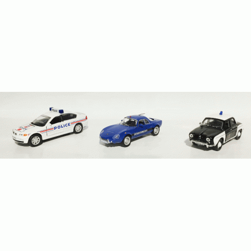 France Police set of 3 magazines with metal models in scale 1:43 (BMW 328i Police, Matra Djet 5S Gendarmerie, Renault Dauphine "Pie" Police de Paris)