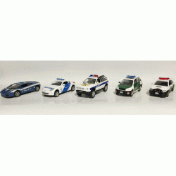 Police set of 5 magazines with metal models in scale 1:43 (Lamborghihi Gallardo Polizi Italy, Nissan 350Z Rendorseg Police Hungary, BMW X5 Police Patrol Russia, Toyota RAV4 Police of Dubai United Arab Emirates, Subaru Impreza WRX STI Police Japan) 