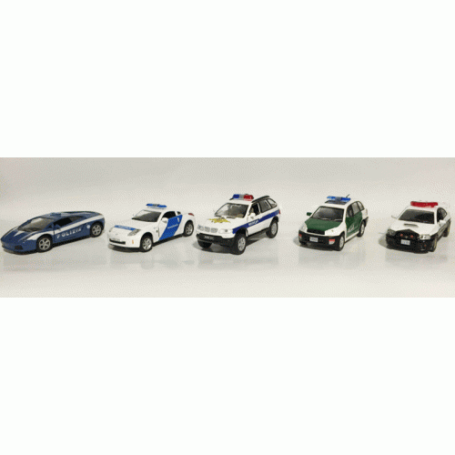 Police set of 5 magazines with metal models in scale 1:43 (Lamborghihi Gallardo Polizi Italy, Nissan 350Z Rendorseg Police Hungary, BMW X5 Police Patrol Russia, Toyota RAV4 Police of Dubai United Arab Emirates, Subaru Impreza WRX STI Police Japan) 